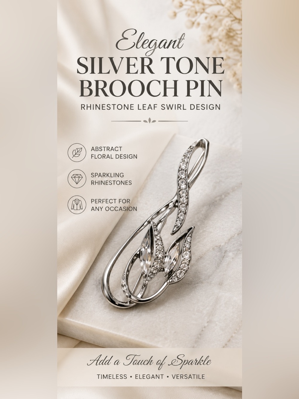 Elegant Silver Tone Rhinestone Leaf Swirl Brooch Pin | Abstract Floral Crystal